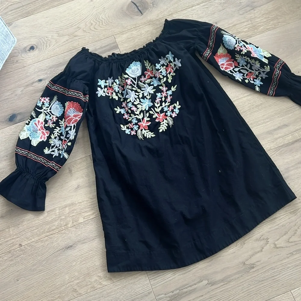 Free People Embroidered Dress Fleur Du Jour Off-The-Shoulder Black Floral  XS